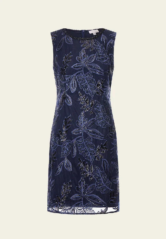 Dark Blue Embroidered Mesh Sleeveless Dress