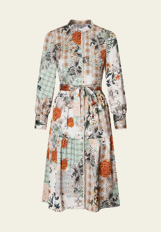 Satin Floral Print Stand Collar Shirt Dress