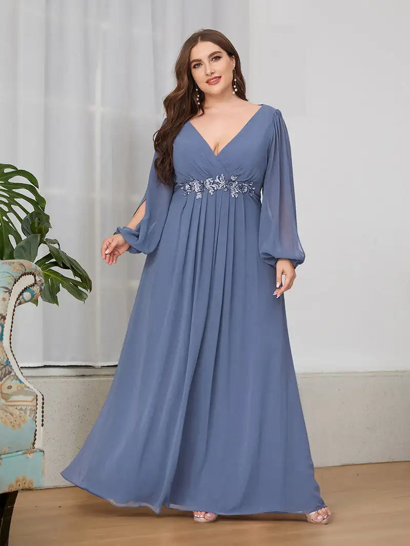 Women's Chiffon Loose Fashion Designer Puff Sleeve Long Dresses (Plus Size)