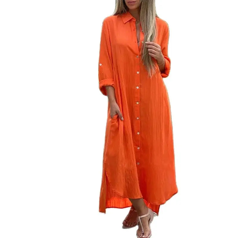 Women's Linen Fashion Designer Double Breasted Long Dresses (Plus Size)