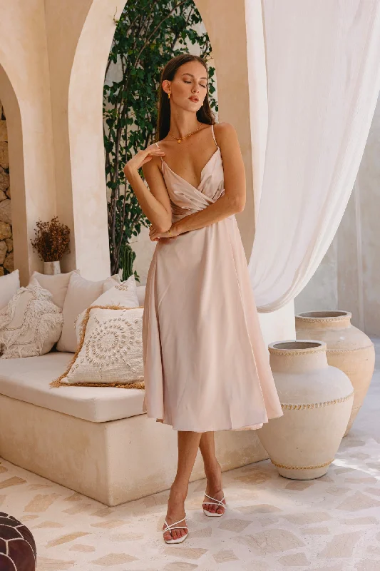 Eleanor Champagne Satin Midi Dress