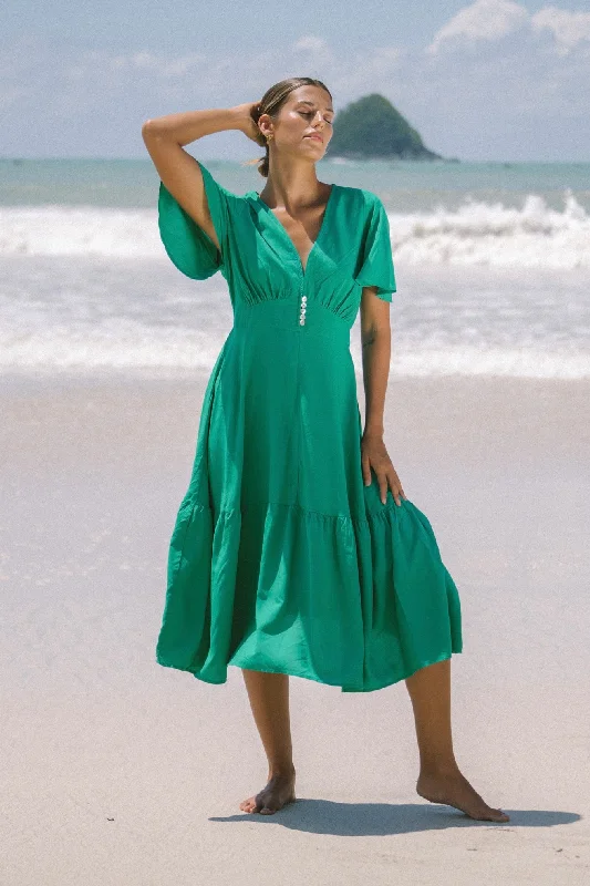 Elivia Green Flared Sleeve Midi Dress