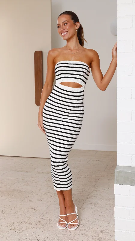 Marissa Midi Dress - Black/White Stripe