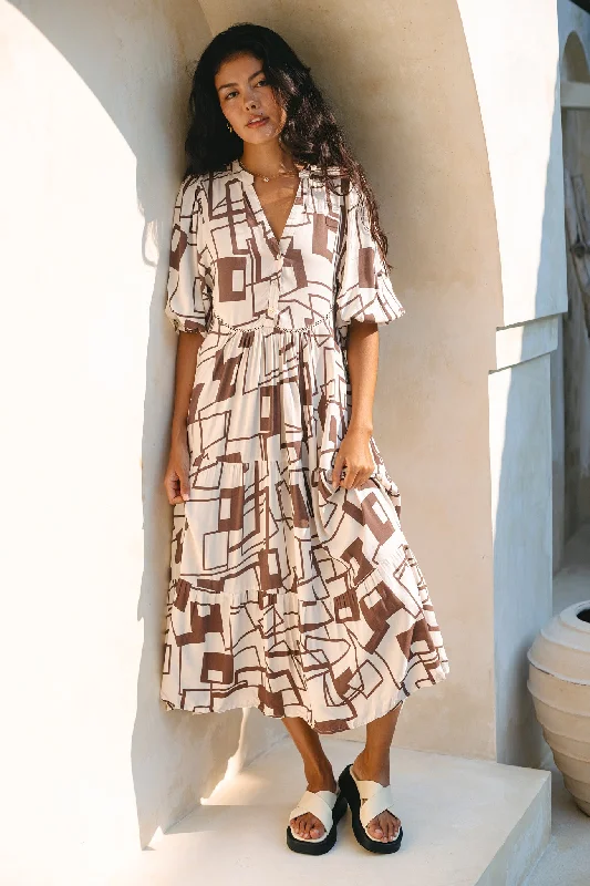 Raven Brown Geometric Button Down Midi Dress