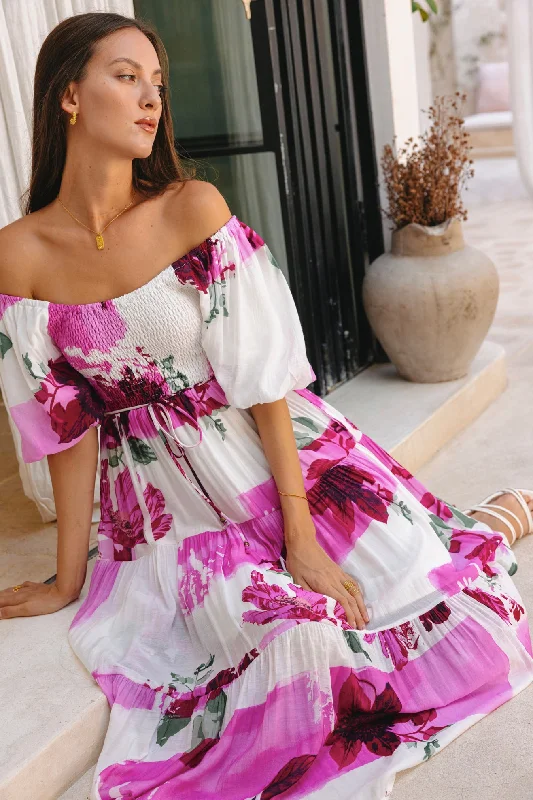 Roselyn Pink Floral Puff Sleeve Midi Dress