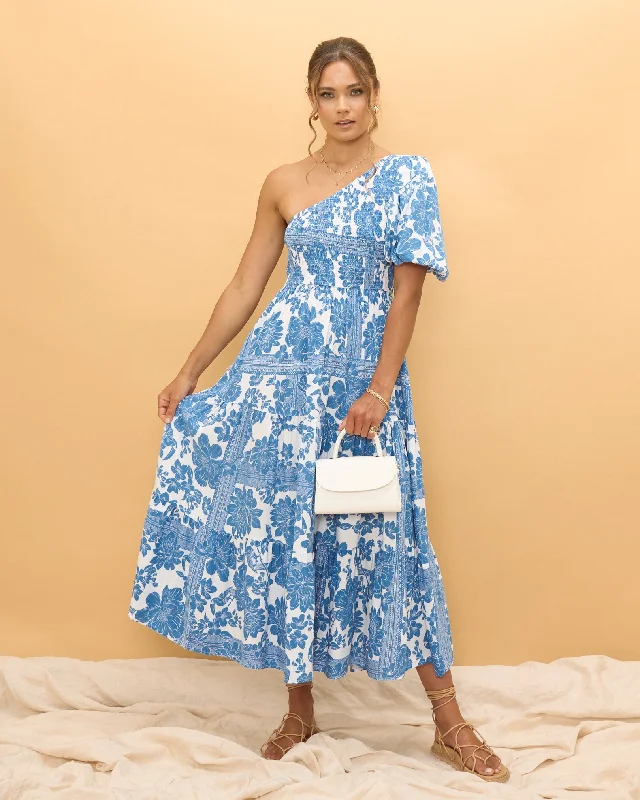 Tatiana Blue Floral Boho One Shoulder Midi Dress