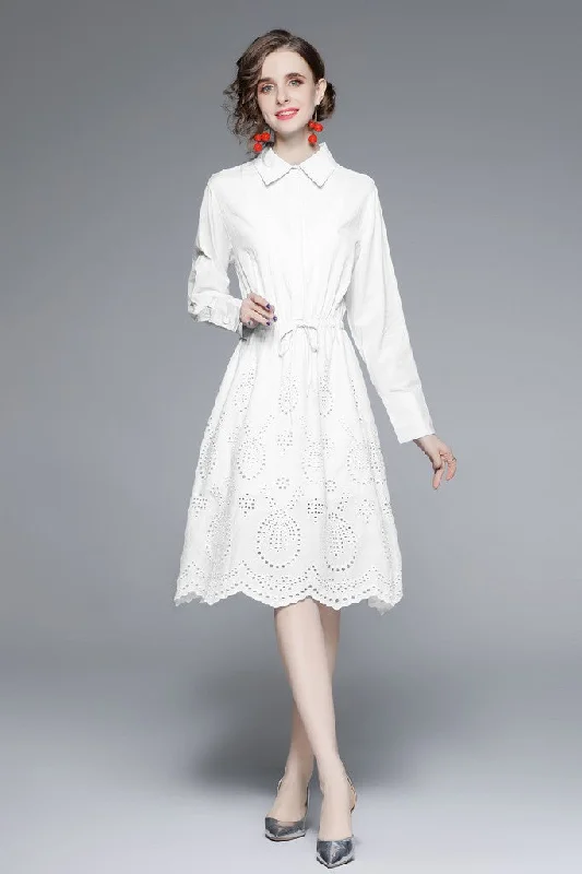 White ?ocktail & Party A-line Shirt Colar Long Sleeve Knee Dress