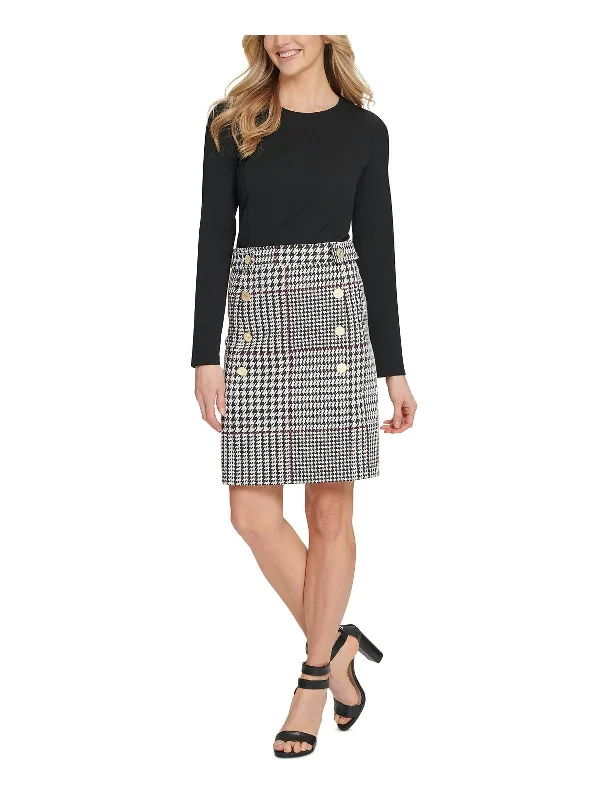 Womens Button-Trim Houndstooth Cocktail and Party Dress