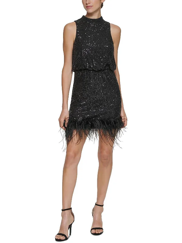 Womens Feather Hem Above Knee Cocktail and Party Dress