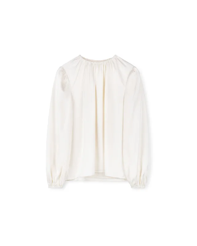 Gathered Crewneck Silk Blouse