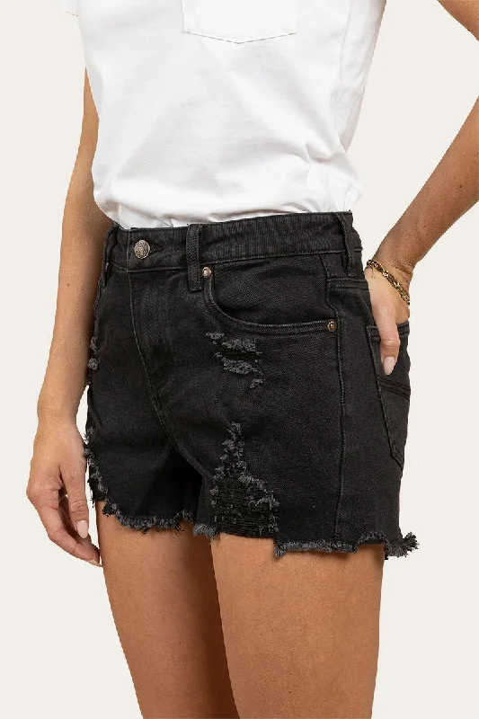 Jessie Womens Mid Rise Ripped Denim Short - Black