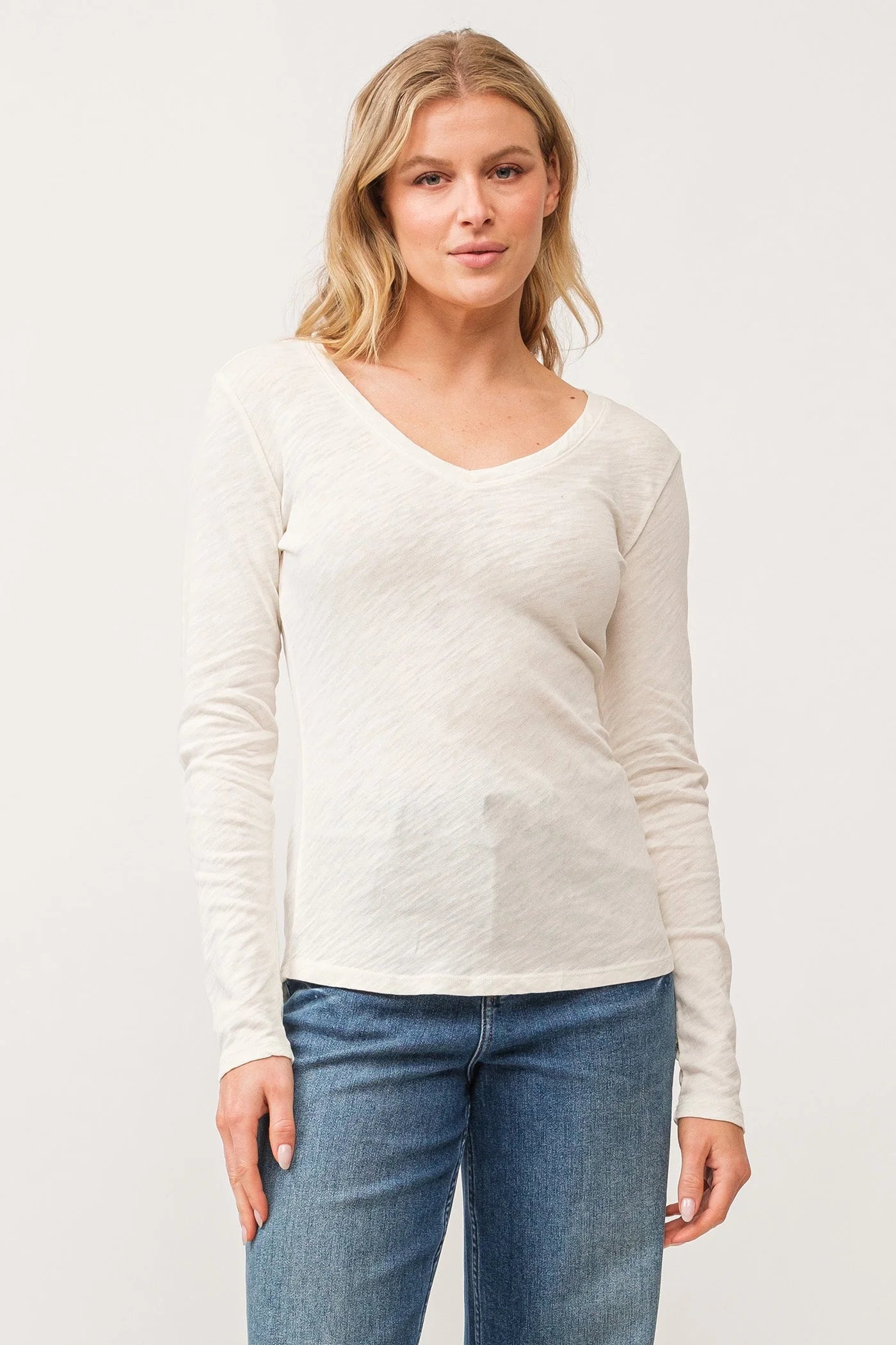 Alina V Neck Long Sleeve Tee - Antique White