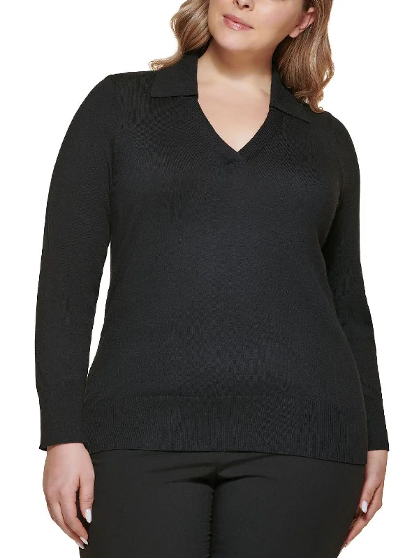 Plus Womens Ribbed Trim V-Neck Sweater