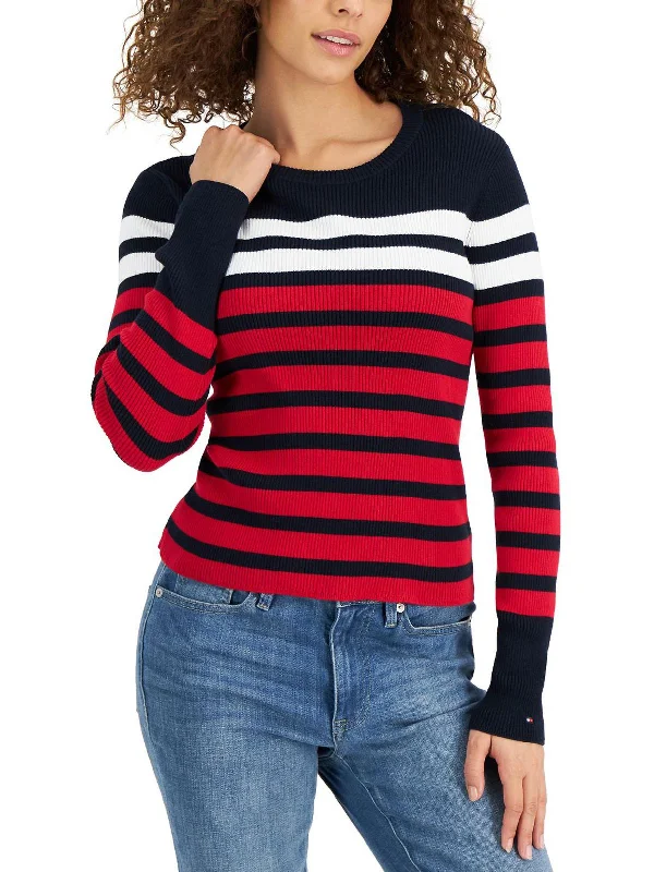 Womens Ribbed Striped Crewneck Sweater