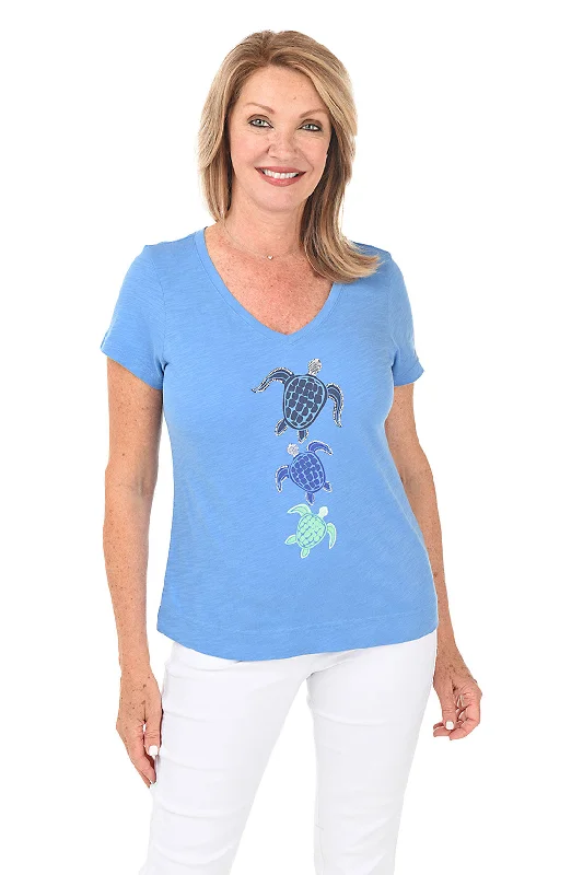 Blue Triple Turtle Slub-Knit V-Neck Tee