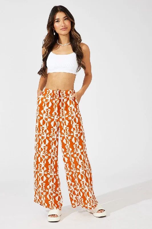 Beige Abstract Wide Leg Pants High Rise