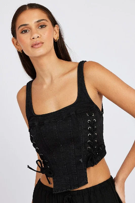 Black Corset Sleeveless Scoop Neck Lace Up Stretch