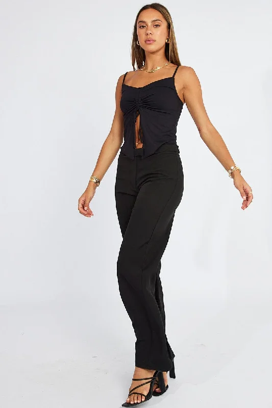 Black Straight Fit Pants Mid Rise