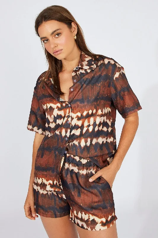 Brown Print Oversized Shirt and Pull on Shorts Set