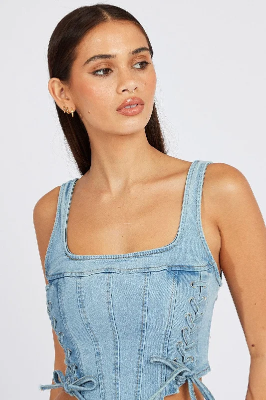 Denim Corset Sleeveless Scoop Neck Lace Up Stretch