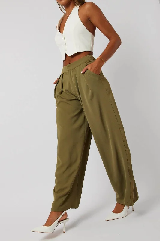 Green Wide Leg Pants High Rise